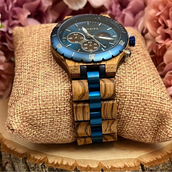 Luxury Zebra Wood Blue Chronograph Military Quartz Watch - Picture 10 of 16